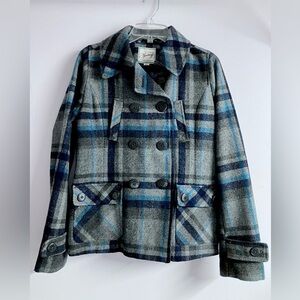 Women’s Wool Blend Hooded Coat, M, Gray/Blue, Plaid, Dbl Breasted, Heritage 1981